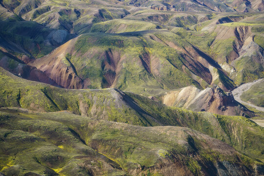 Landmannalaugar green moss ridges and shadow play, Iceland