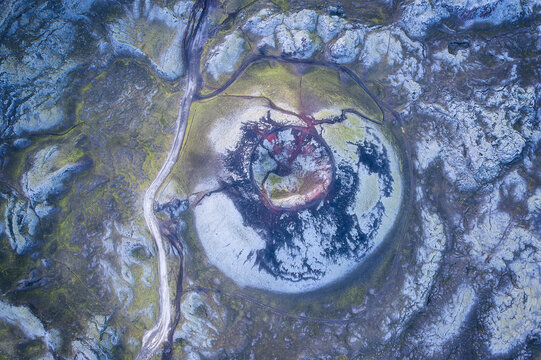 Overhead view of Stutur crater: origin, power, and raw earth