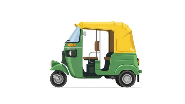 Green and yellow traditional auto rickshaw depicted in a flat vector style on transparent background