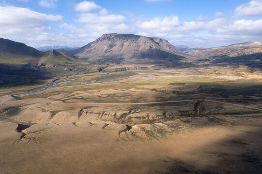 Flat-topped volcanic mesa above eroded plain, Iceland