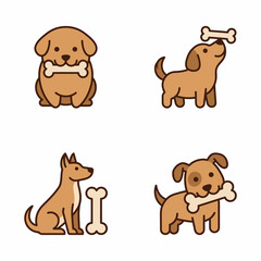 Fototapeta premium Cute Dog Icons with Bones, Set of Four Poses, Cartoon Style