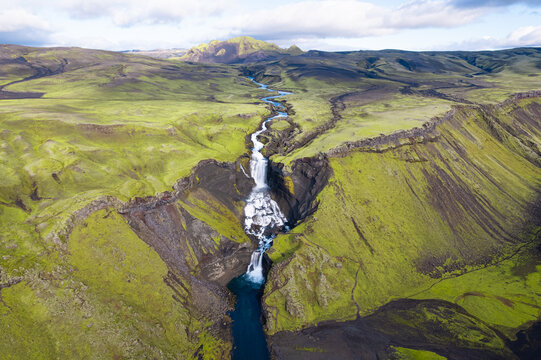 Aerial View of &Oacute;f&aelig;rufoss Waterfall in Iceland Highlands