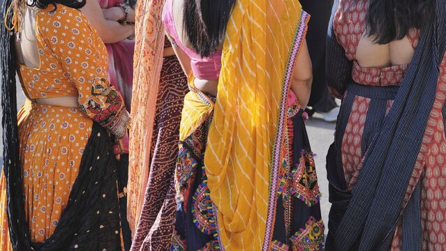 Women wearing traditional Indian Chaniya Choli celebrating Ganesh Chaturthi festival