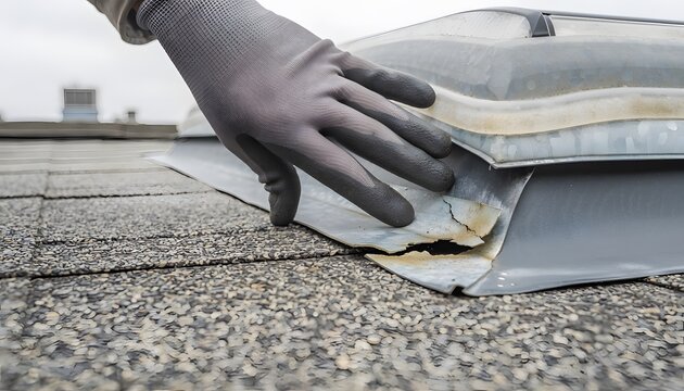 A gloved hand inspecting a damaged roof tile.