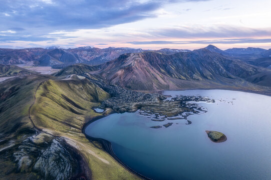 Frostasta&eth;avatn at dusk with lava delta, Iceland Highlands