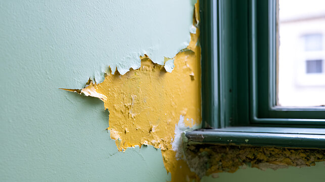 Peeling paint and damaged plaster on a pastel green wall near a dark green window frame, showing neglect and a need for repair work