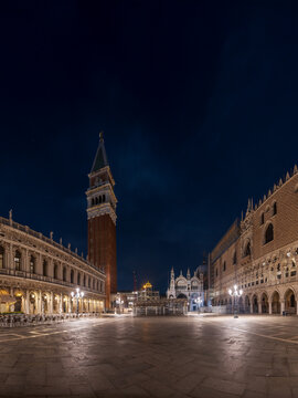 Illuminated Piazza San Marco at Night with Doge's Palace and St Mark's Campanile, Venice, Italy