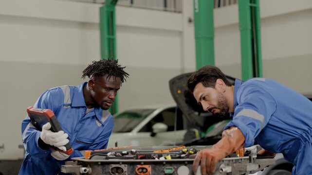 EV Auto service teamwork, EV car mechanic workers work test load balance high volt battery in garage workshop