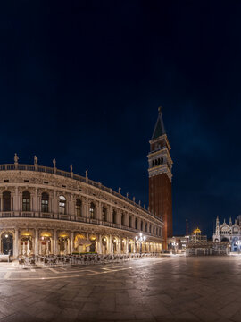 Illuminated Piazza San Marco at Night with Doge's Palace and St Mark's Campanile, Venice, Italy