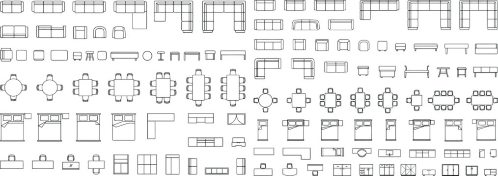 Furniture plan symbols in CAD style. Tables, chairs, seating layouts, conference, banquet and classroom furniture collection for architecture, interior design, floor plans and space planning. Editable