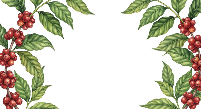 Watercolor Coffee Plant Frame with Red Berries and Green Leaves on White Background