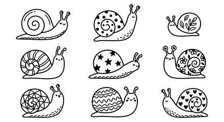 Line Art Snails With Decorative Shells On White Background © Adobe