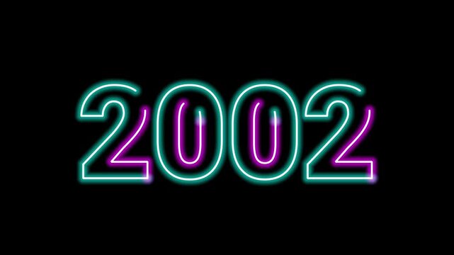 Glowing neon sign number 2002 year typography display text graphic on black background loop for retro video intro title animation