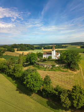 Aerial view of the mountain church St. Michael in the German enclave Buesingen in Switzerland