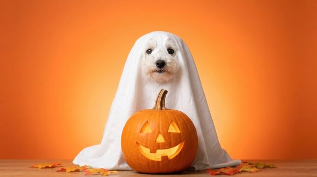 Cute white dog in ghost costume with jack o lantern for halloween