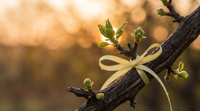 Yellow Ribbon on Budding Spring Branch at Golden Hour, Suicide Prevention Awareness Symbol of Hope and Mental Health Support