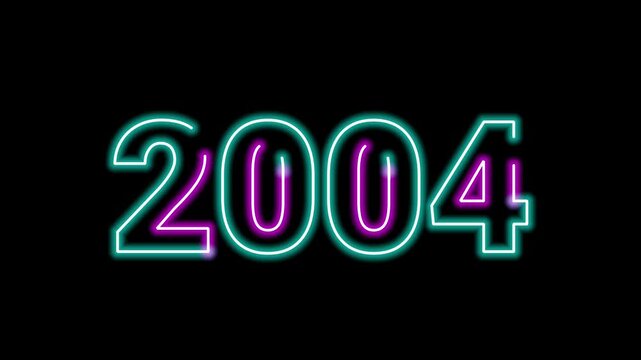 Glowing neon sign number 2004 year typography display text graphic on black background loop for retro video intro title animation