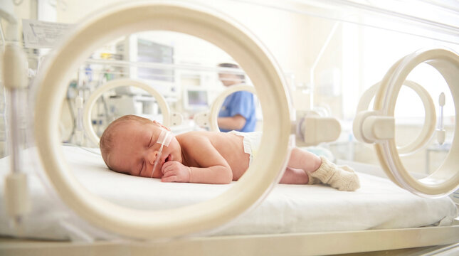 Close-up view of a newborn baby lying in a neonatal intensive care unit with medical monitoring cables attached.	