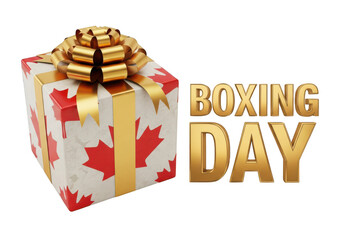 A gift box wrapped in white paper with red maple leaf patterns and a gold ribbon, next to the golden text boxing day on a black background