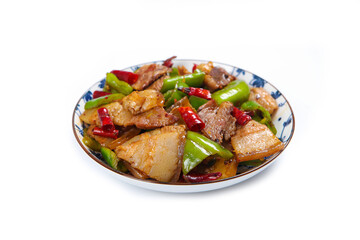 Fototapeta premium Spicy stir fried pork belly with green peppers and red chili on plate