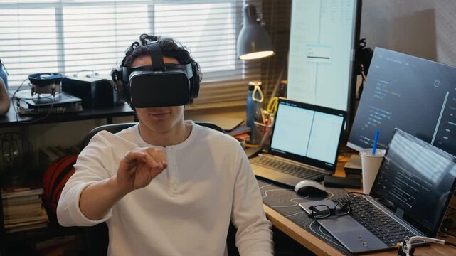Young Asian man wearing VR headset gesturing at home office desk with computer screens. Video suitable for virtual reality development and immersive tech marketing
