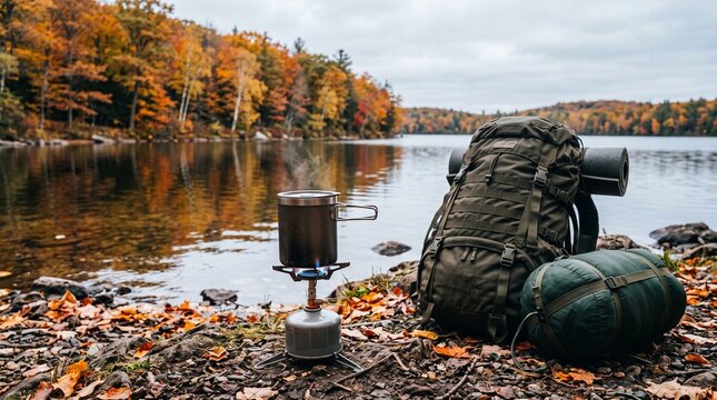 Pot on camping stove near backpack and sleeping bag by lake in forest. Outdoor adventure gear and equipment for wilderness journey
