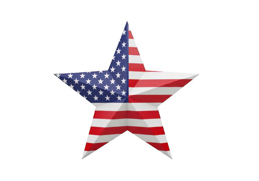 A five pointed star shape decorated with the american flag stars and stripes pattern isolated on a solid black background, for patriotic decor