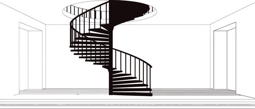 Spiral Staircase, Black Metal, Interior Design, Architectural Illustration, Stairway, Modern Home Decor, Vector