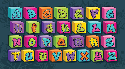 Graffiti alphabet letters on colorful 3d cubes, urban street art style typography set © S.Siam