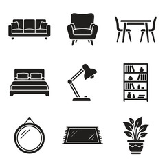 Fototapeta premium Modern home furniture and interior decor black icon set with furniture, interior