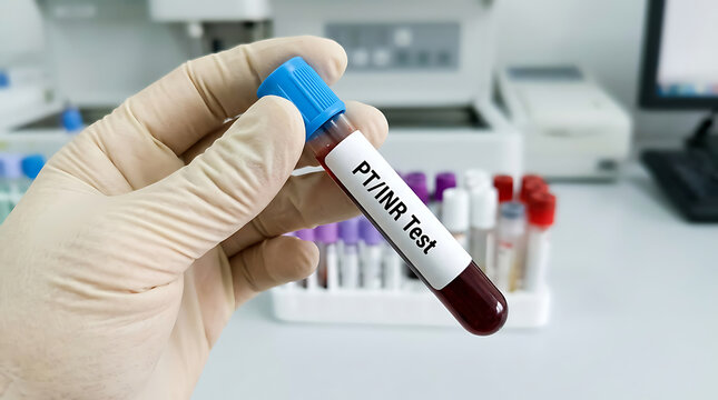 Gloved Hand Holding Blood Sample Tube for PT/INR Coagulation Test in Lab