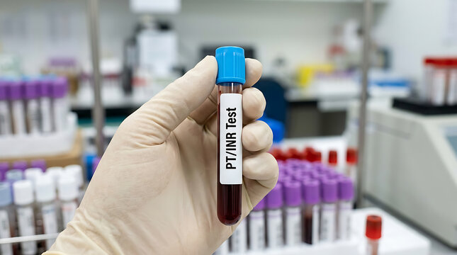 Cinematic close-up gloved hand holds a blood test tube for PT/INR analysis in a medical laboratory, crucial diagnostic procedure