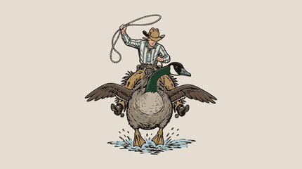 Surreal vintage cowboy riding a giant Canada goose with lasso, retro graphic illustration for t-shirt design and apparel © Rizky Fadel