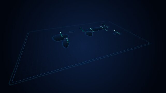 Futuristic 3D digital hologram of a golf course layout on dark background
