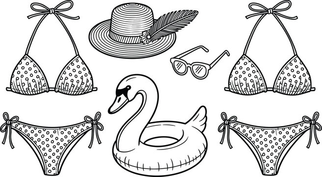 Summer beach vacation elements vector icons set featuring polka dot bikinis swan floatie sunglasses and straw hat