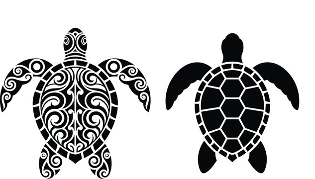 Two black sea turtle silhouettes with tribal maori style patterns and regular shell design isolated on white background