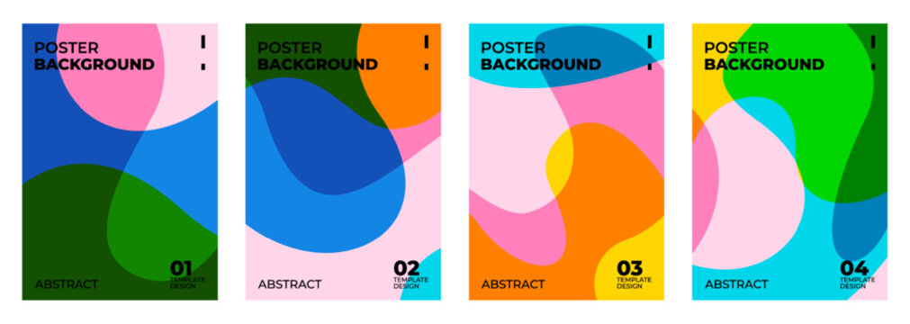 Contemporary fluid liquid blob shape vertical poster template collection containing four unique colorful art layouts