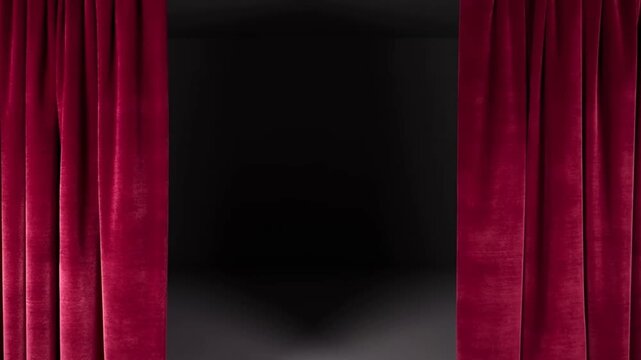 Slow motion curtains opening to reveal dark theater stage with red velvet drapes parting center, static shot capturing folds and subtle lighting on interior backdrop