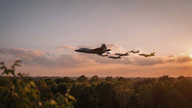 Formation of us air force fighter jets flying over a forest at sunset