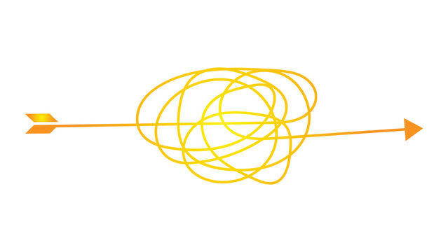 Confused arrow path with tangled line, concept of problem solving or complex journey.