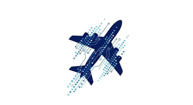 Digital airplane silhouette with circuit board elements and pixel patterns