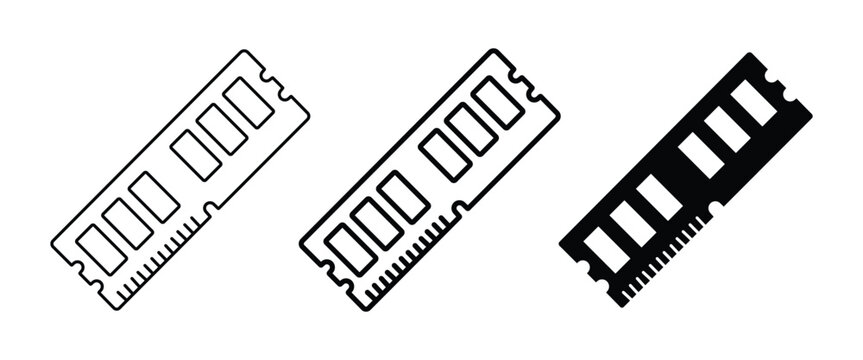RAM Memory Module Vector Icon Set, Computer Random Access Memory Outline, Silhouette and Flat Collection Isolated on White Background