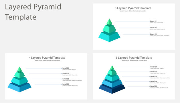 Three four and five level layered pyramid infographic set