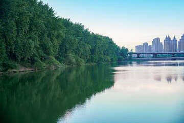 Wuhan urban lake with tree-lined shore and distant skyline at dusk © TranVan
