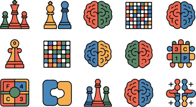 Colorful illustration of various strategy game and brain icons on white background