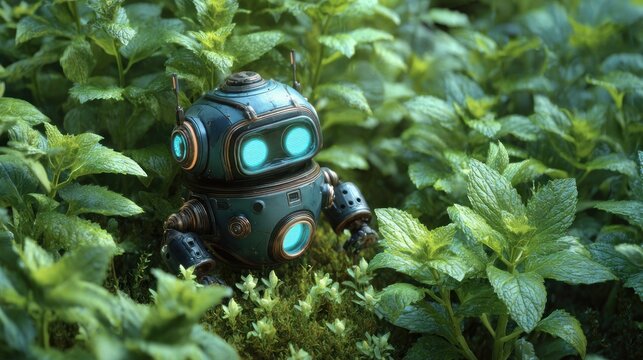 A small, round robot with glowing blue eyes and accents sits amidst lush green foliage. It has small antennae and a metallic body