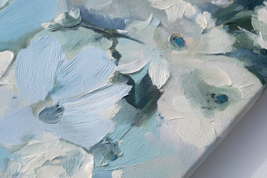 Close up oil painting showcasing thick brush strokes, vibrant textures, and light blue and white flowers for a peaceful mood