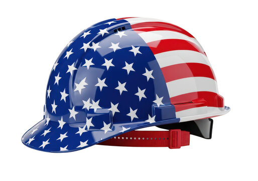 A construction safety hard hat painted with the american flag stars and stripes pattern isolated on a solid black background, for labor day