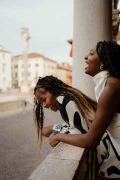 Two women having fun in town