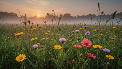 Obraz premium Colorful Wildflower Field During Sunrise with Misty Background and Natural Lighting